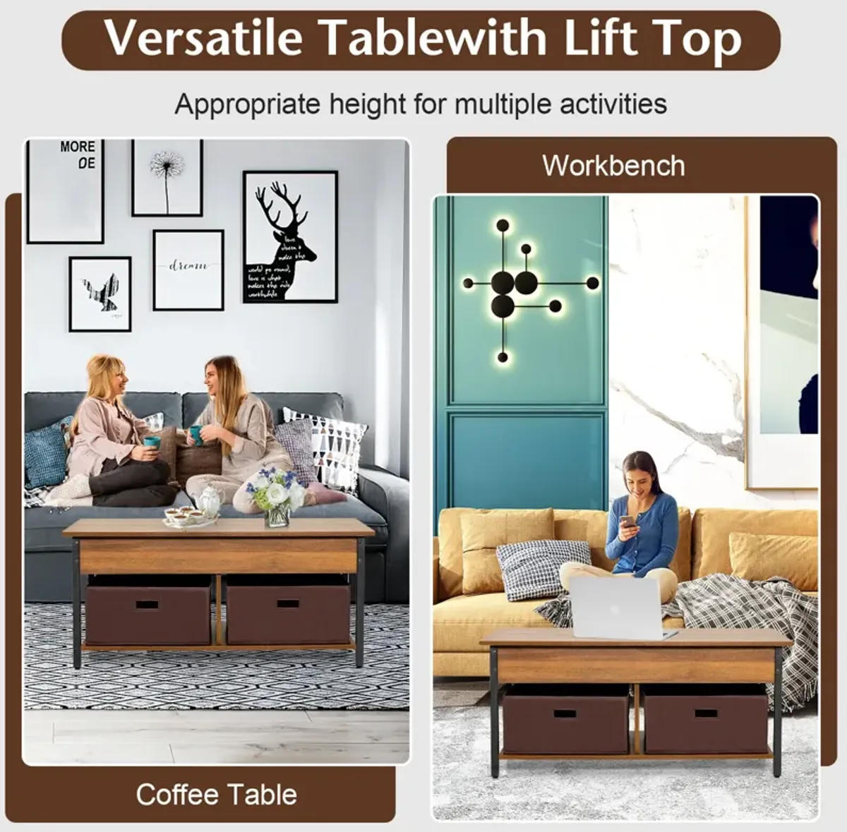 Lift Top Coffee Table Central Table with Drawers and Hidden Compartment for Living Room