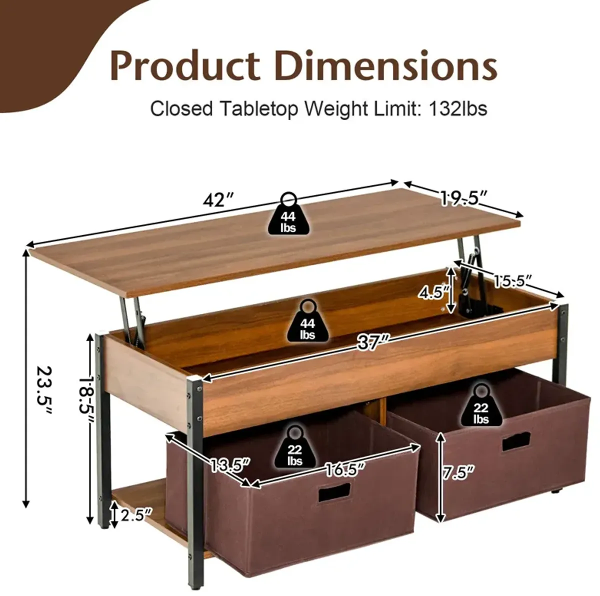 Lift Top Coffee Table Central Table with Drawers and Hidden Compartment for Living Room