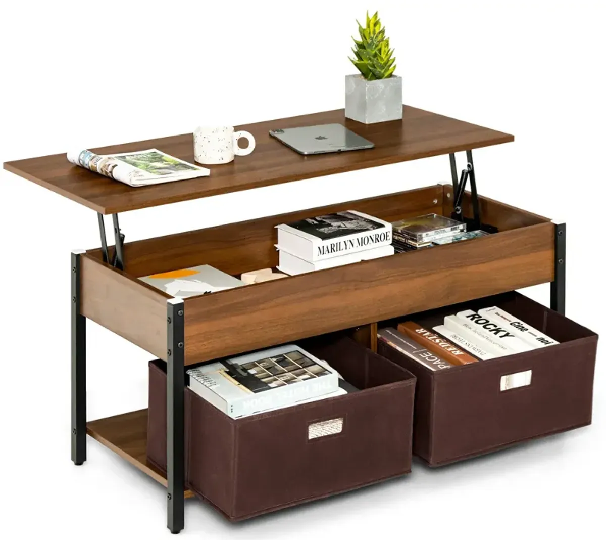 Lift Top Coffee Table Central Table with Drawers and Hidden Compartment for Living Room