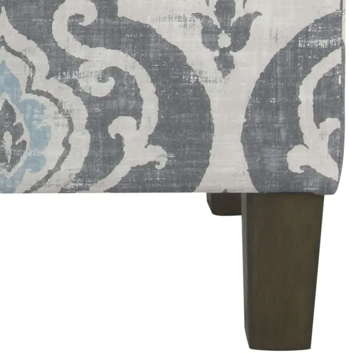 Wooden Ottoman with Patterned Fabric Upholstery and Hidden Storage, Gray and Blue - Benzara