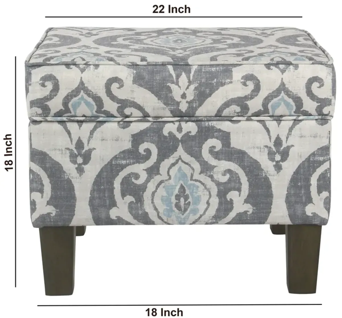 Wooden Ottoman with Patterned Fabric Upholstery and Hidden Storage, Gray and Blue - Benzara