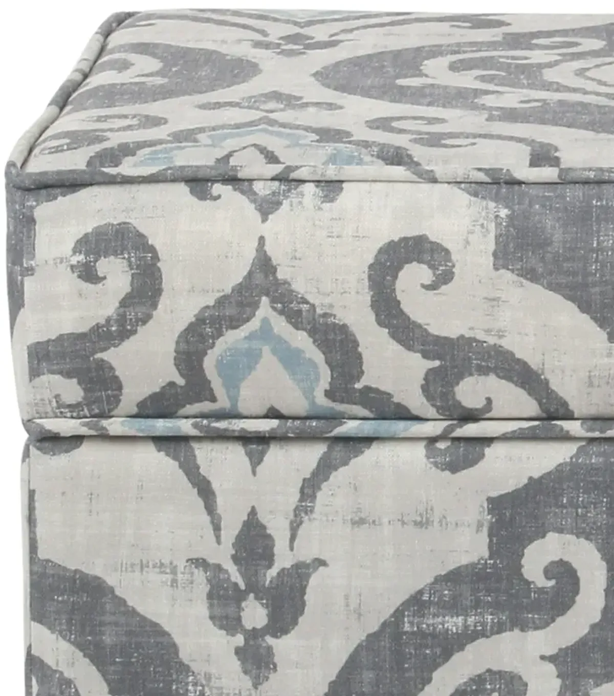 Wooden Ottoman with Patterned Fabric Upholstery and Hidden Storage, Gray and Blue - Benzara