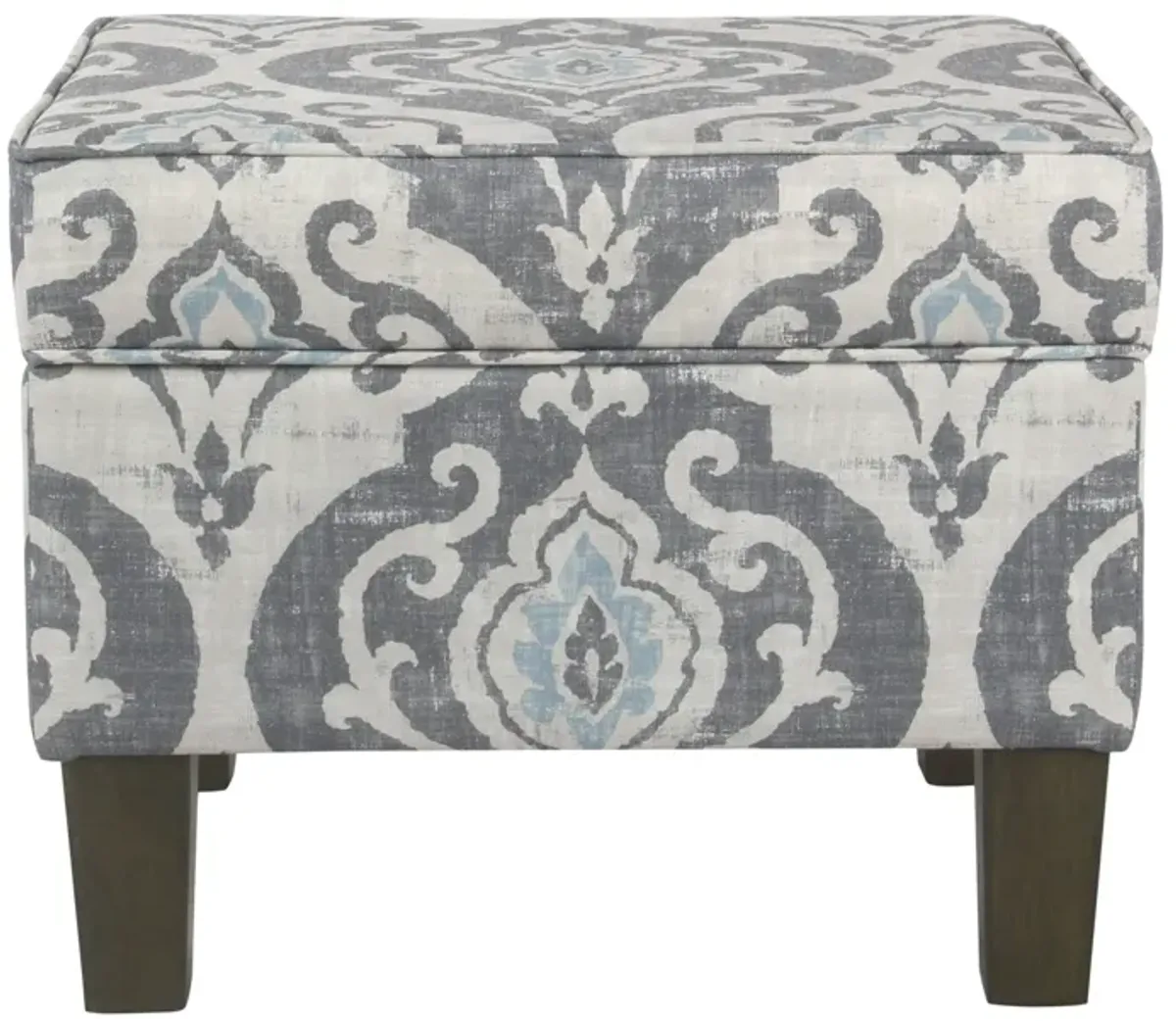 Wooden Ottoman with Patterned Fabric Upholstery and Hidden Storage, Gray and Blue - Benzara