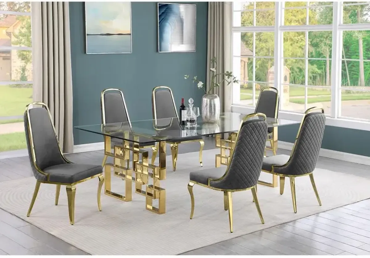 7-piece glam dining set with 6 Dark grey chairs and one 95" glass dining table