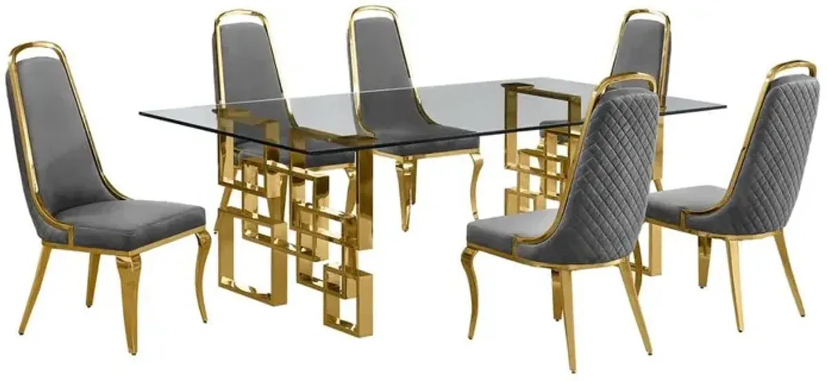 7-piece glam dining set with 6 Dark grey chairs and one 95" glass dining table