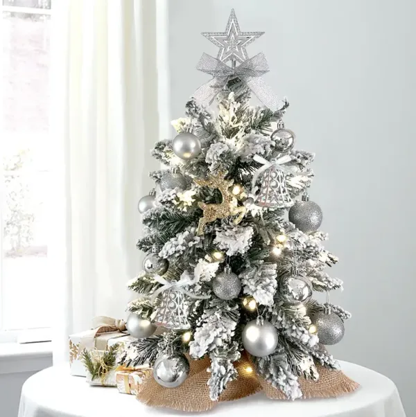 Mini Christmas Tree with Lights Artificial Tabletop Woodland Holiday Decor with Flocked Snow