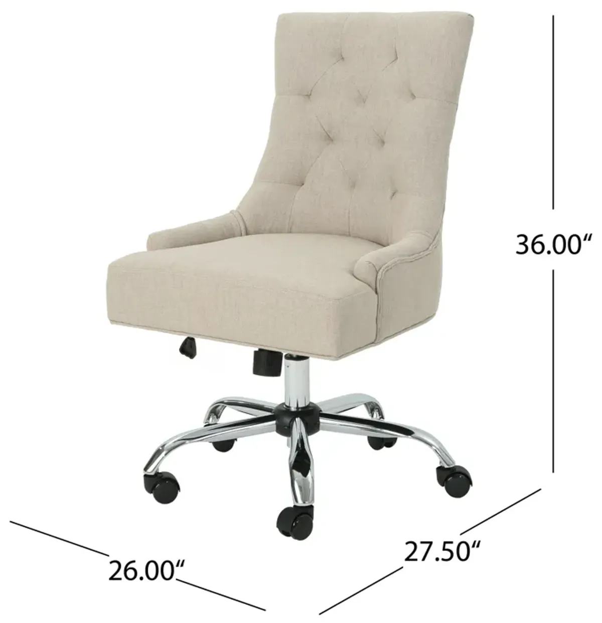 Ovi Swivel Rolling Office Chair, Gas Lift, Tufted Beige Fabric, Chrome -Benzara