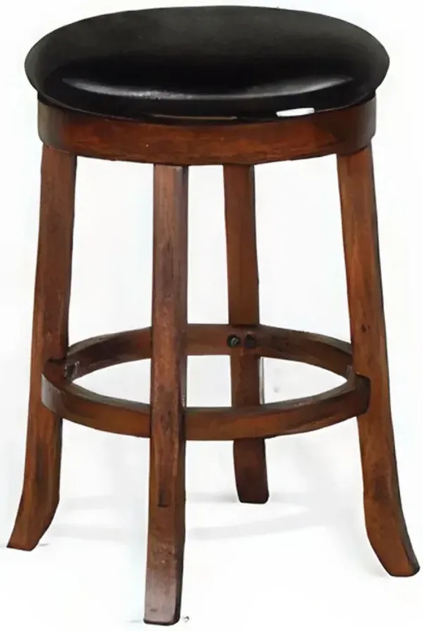 Reggie Swivel Counter Stool Set of 2, Black Faux Leather, Brown Wood - Benzara