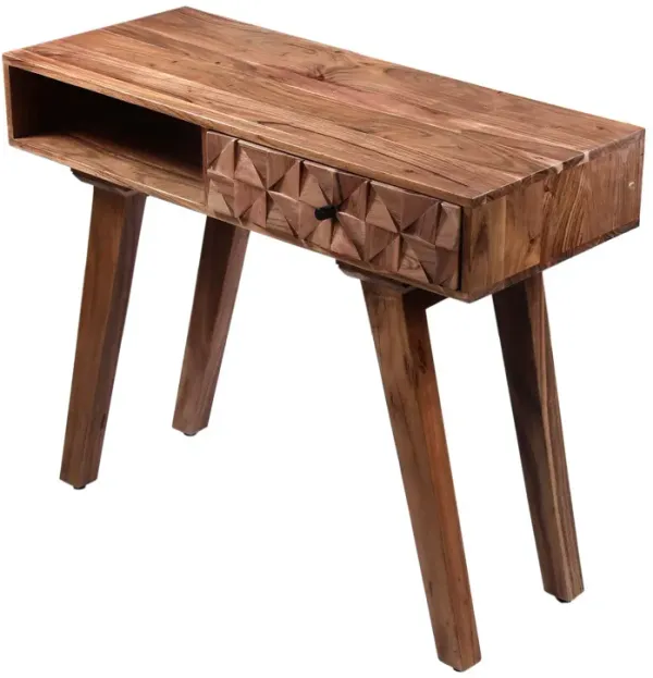 Reed 37 Inch Acacia Wood Home Office Desk, 3D Accent Drawer, Oak Brown-Benzara