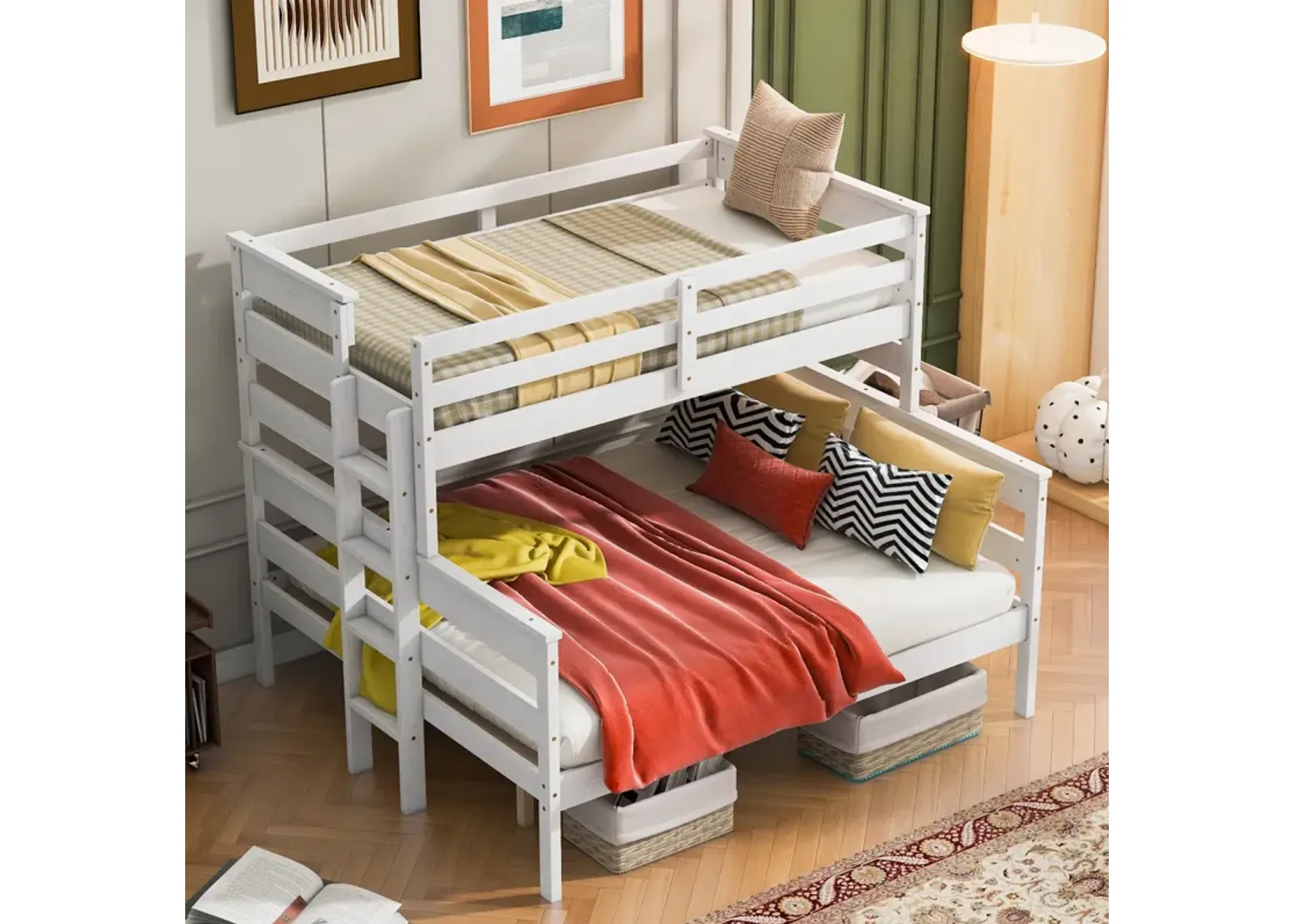 Wood Twin XL Over Queen Bunk Bed With Ladder, White