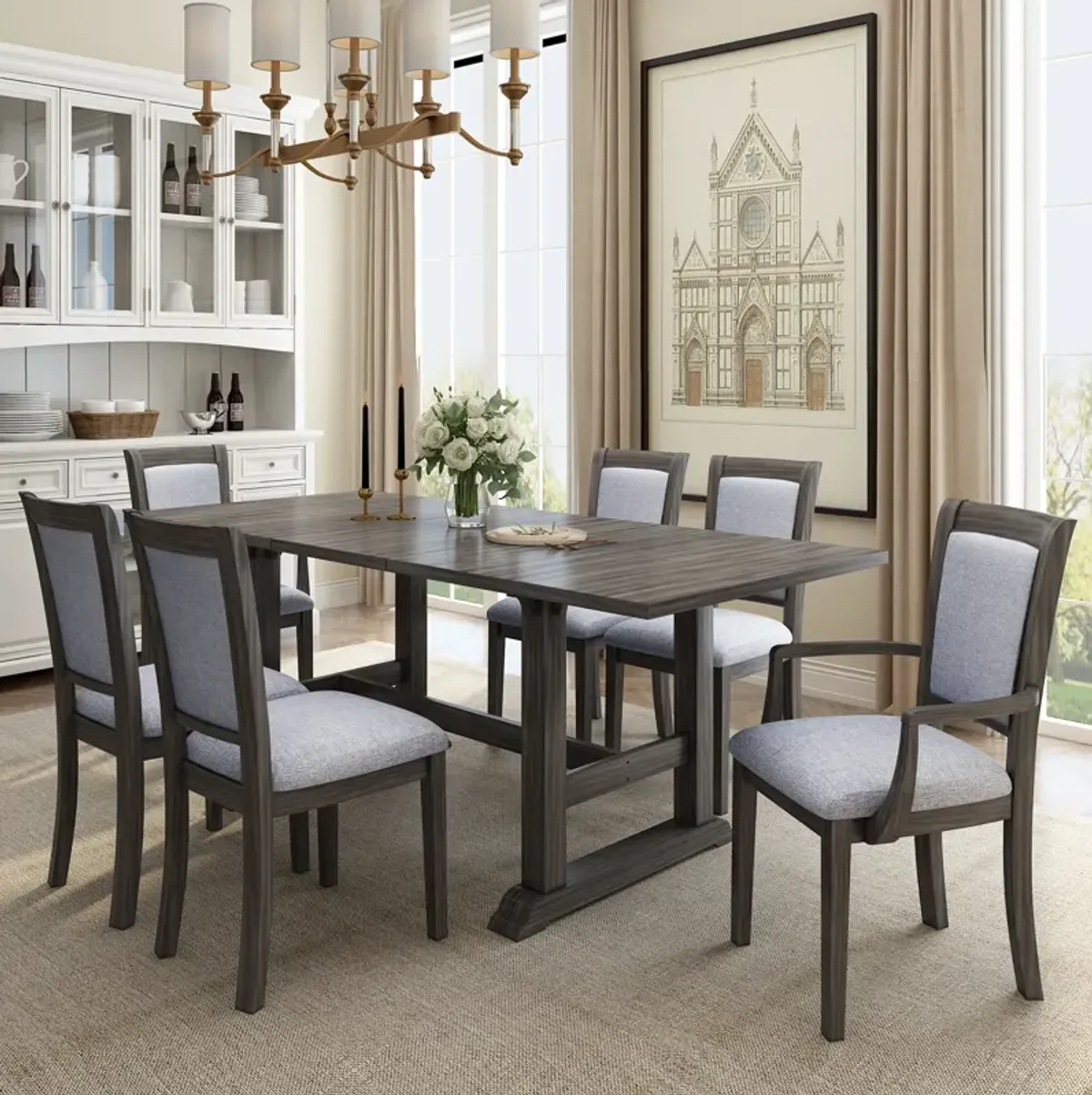 Merax 7-Piece Updated Extendable Trestle Dining Table Set