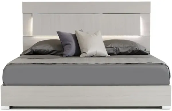 Cid Aiza Queen Platform Bed, LED Lighted Headboard, Chrome Acrylic, Gray - Benzara