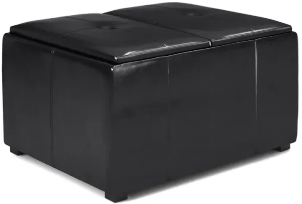 Avalon 34 inch Wide Contemporary Rectangle Small Coffee Table Storage Ottoman in Midnight Black Faux Air Leather, Assembled