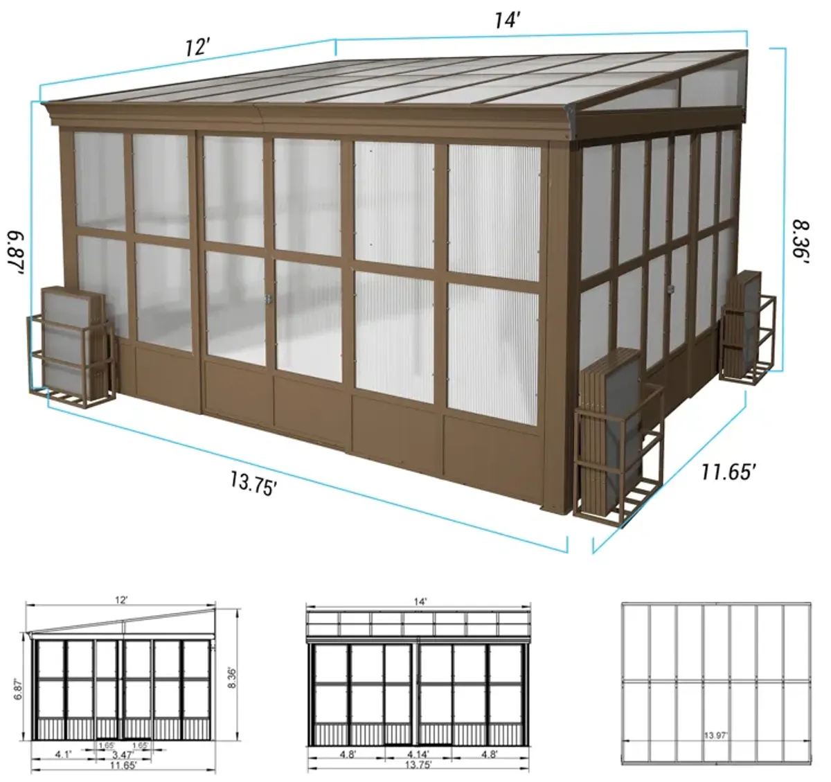 MONDAWE Lean to Sunroom 12x14FT Wall Mounted Solarium with Sloping Roof, Detachable Screens, 2 Lockable Sliding Doors