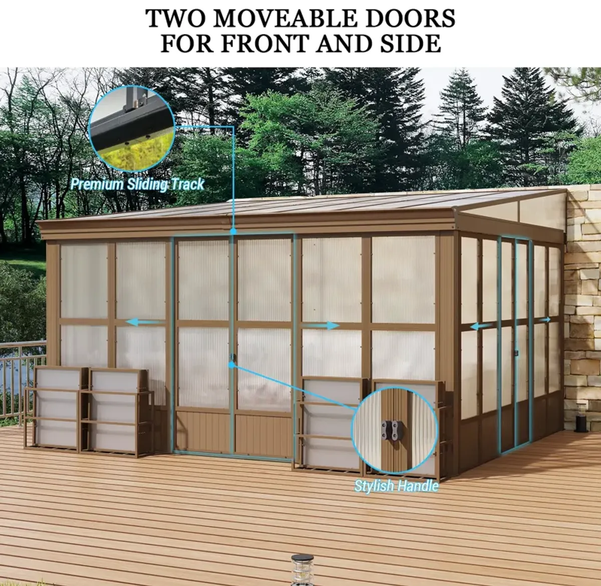 MONDAWE Lean to Sunroom 12x14FT Wall Mounted Solarium with Sloping Roof, Detachable Screens, 2 Lockable Sliding Doors