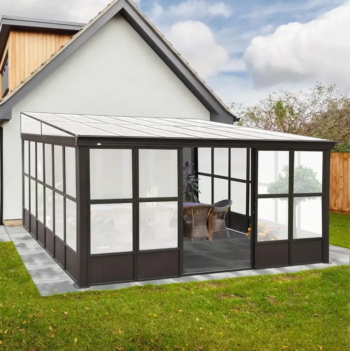 MONDAWE Lean to Sunroom 12x14FT Wall Mounted Solarium with Sloping Roof, Detachable Screens, 2 Lockable Sliding Doors