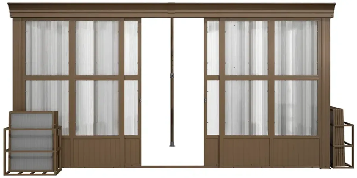 MONDAWE Lean to Sunroom 12x14FT Wall Mounted Solarium with Sloping Roof, Detachable Screens, 2 Lockable Sliding Doors