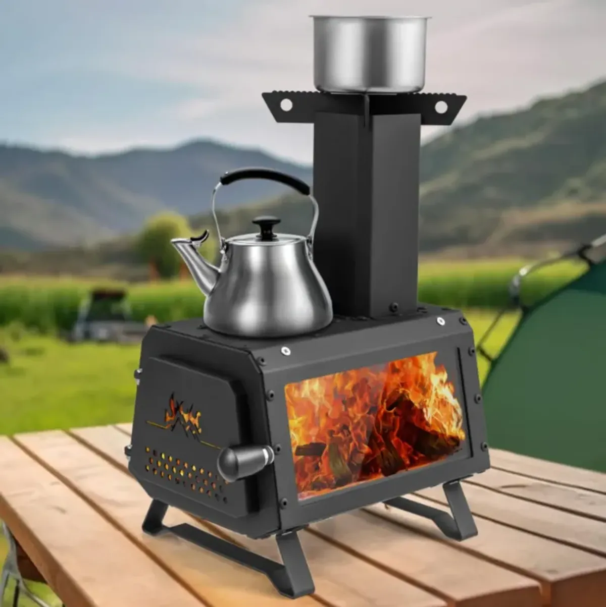 Hivvago Portable Wood Camping Burning Stove Heater with 2 Cooking Positions