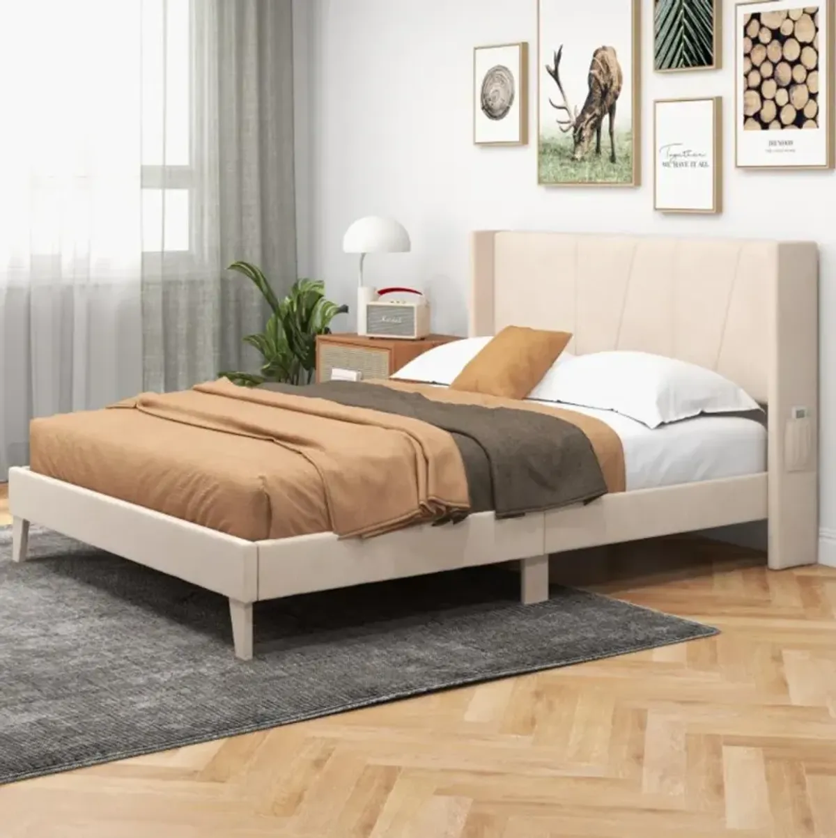 Hivvago Upholstered Bed Frame with Geometric Wingback Headboard