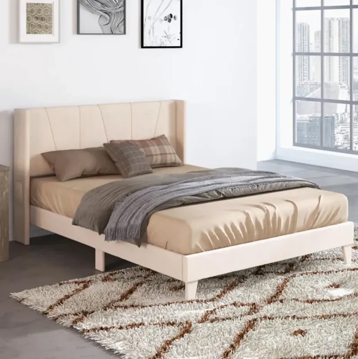 Hivvago Upholstered Bed Frame with Geometric Wingback Headboard