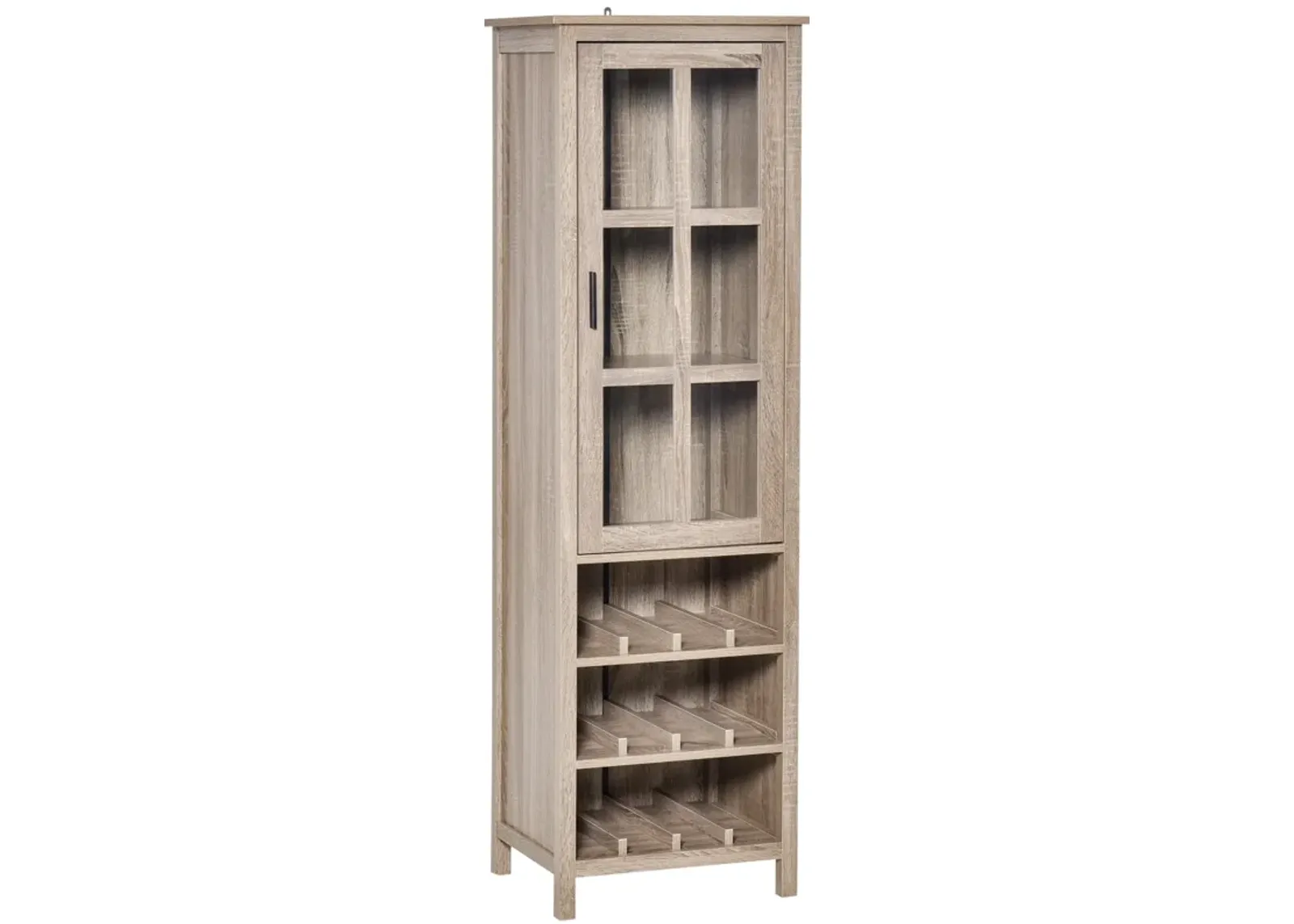 Grey Oak Bar Cabinet: Tall Wine Display with Glass Door and Storage