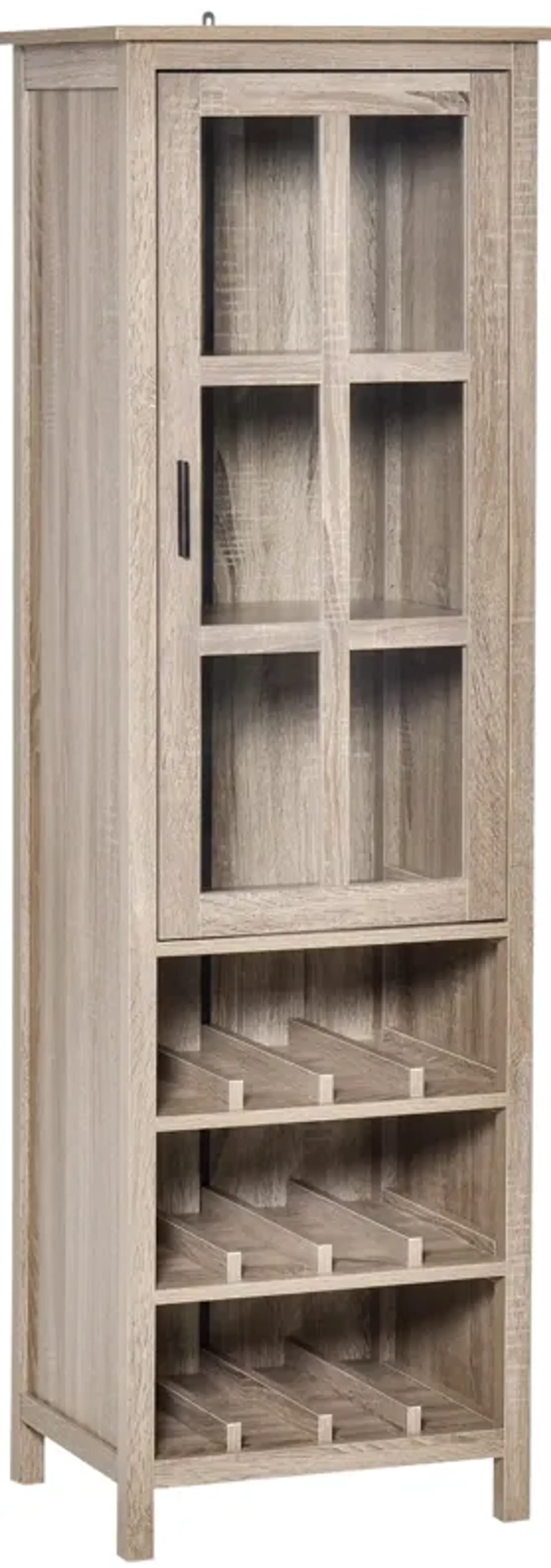 Grey Oak Bar Cabinet: Tall Wine Display with Glass Door and Storage