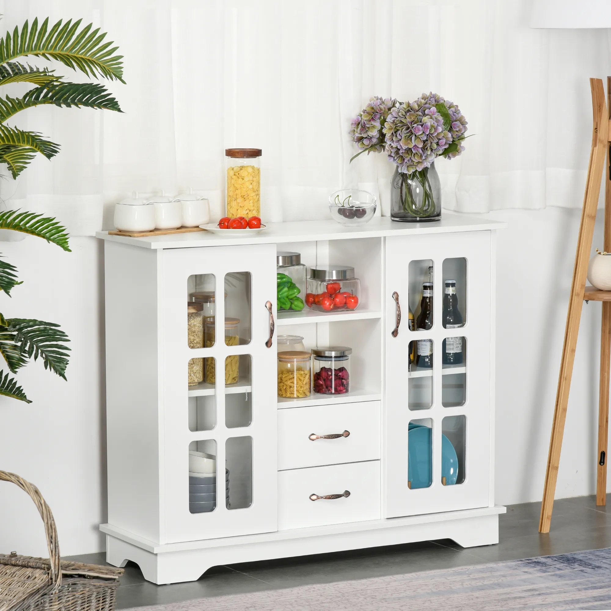 HOMCOM Sideboard Buffet Cabinet, Kitchen Cabinet, Coffee Bar Cabinet with 2 Framed Glass Doors, 2 Drawers and 2 Open Shelves for Living Room, White