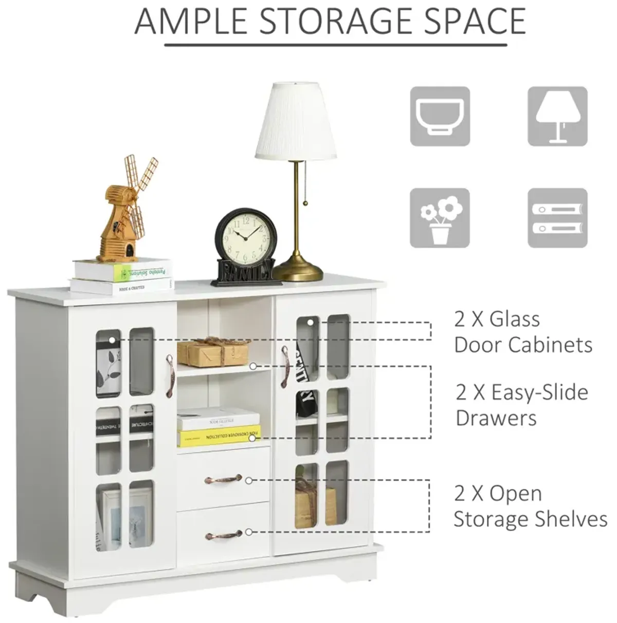 HOMCOM Sideboard Buffet Cabinet, Kitchen Cabinet, Coffee Bar Cabinet with 2 Framed Glass Doors, 2 Drawers and 2 Open Shelves for Living Room, White