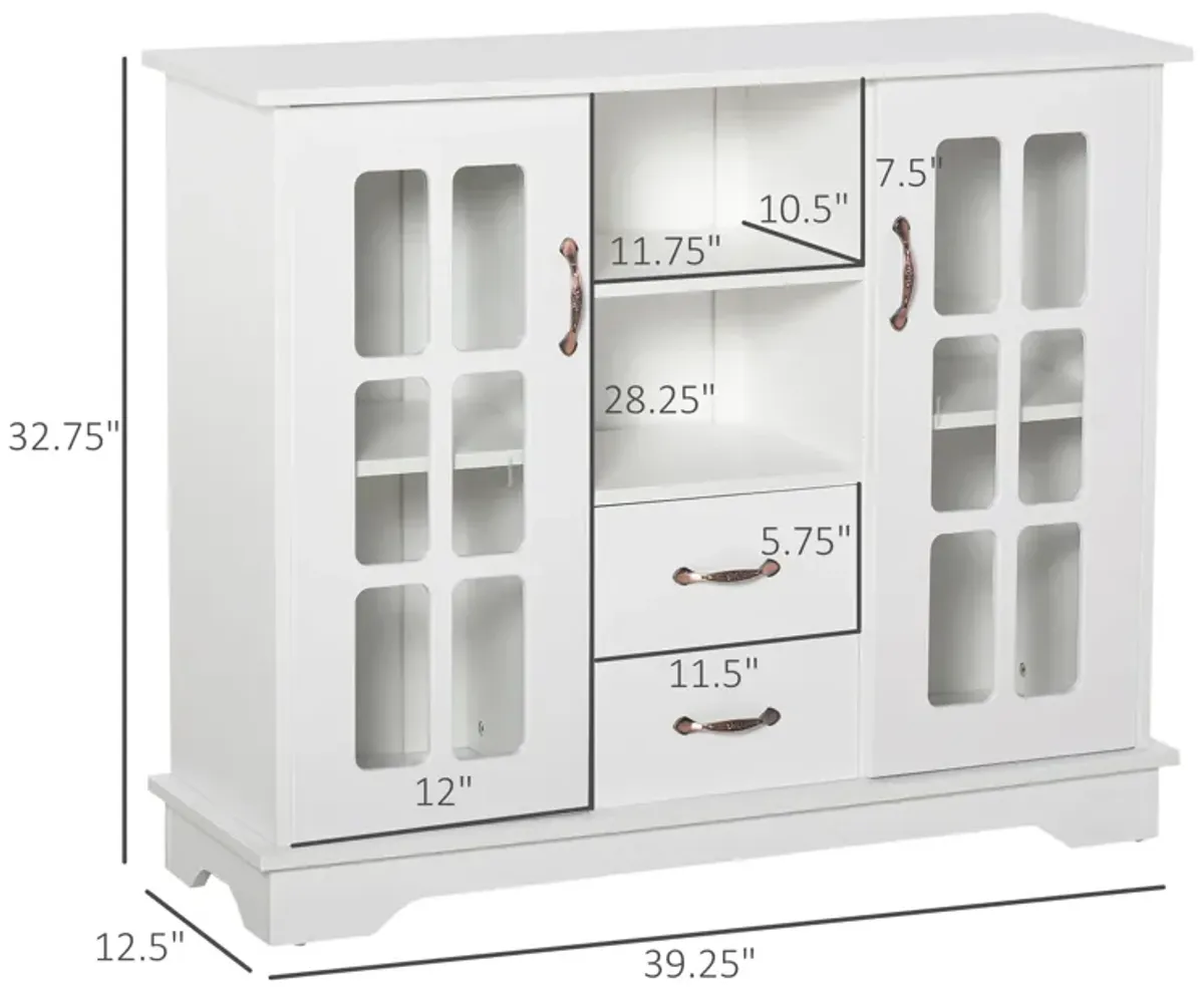 HOMCOM Sideboard Buffet Cabinet, Kitchen Cabinet, Coffee Bar Cabinet with 2 Framed Glass Doors, 2 Drawers and 2 Open Shelves for Living Room, White