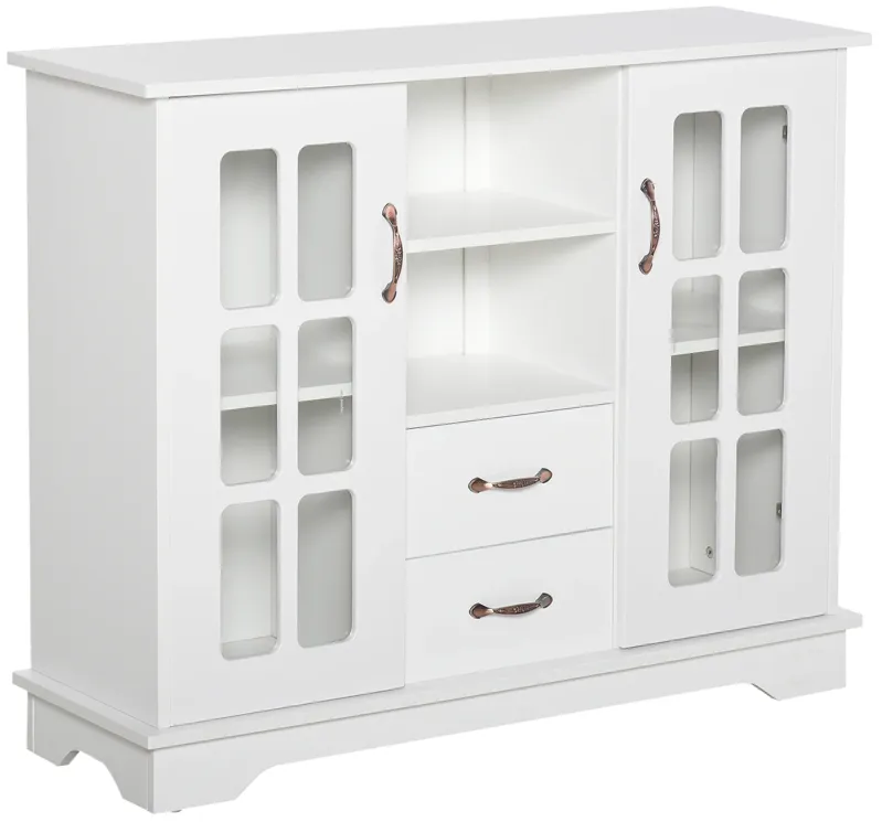 HOMCOM Sideboard Buffet Cabinet, Kitchen Cabinet, Coffee Bar Cabinet with 2 Framed Glass Doors, 2 Drawers and 2 Open Shelves for Living Room, White