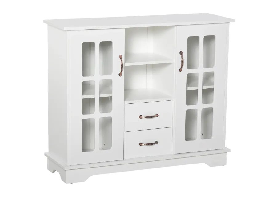 HOMCOM Sideboard Buffet Cabinet, Kitchen Cabinet, Coffee Bar Cabinet with 2 Framed Glass Doors, 2 Drawers and 2 Open Shelves for Living Room, White