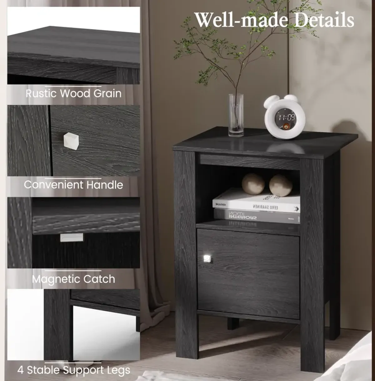 Compact Floor Farmhouse Nightstand with Open Shelf and Cabinet-Dark Gray