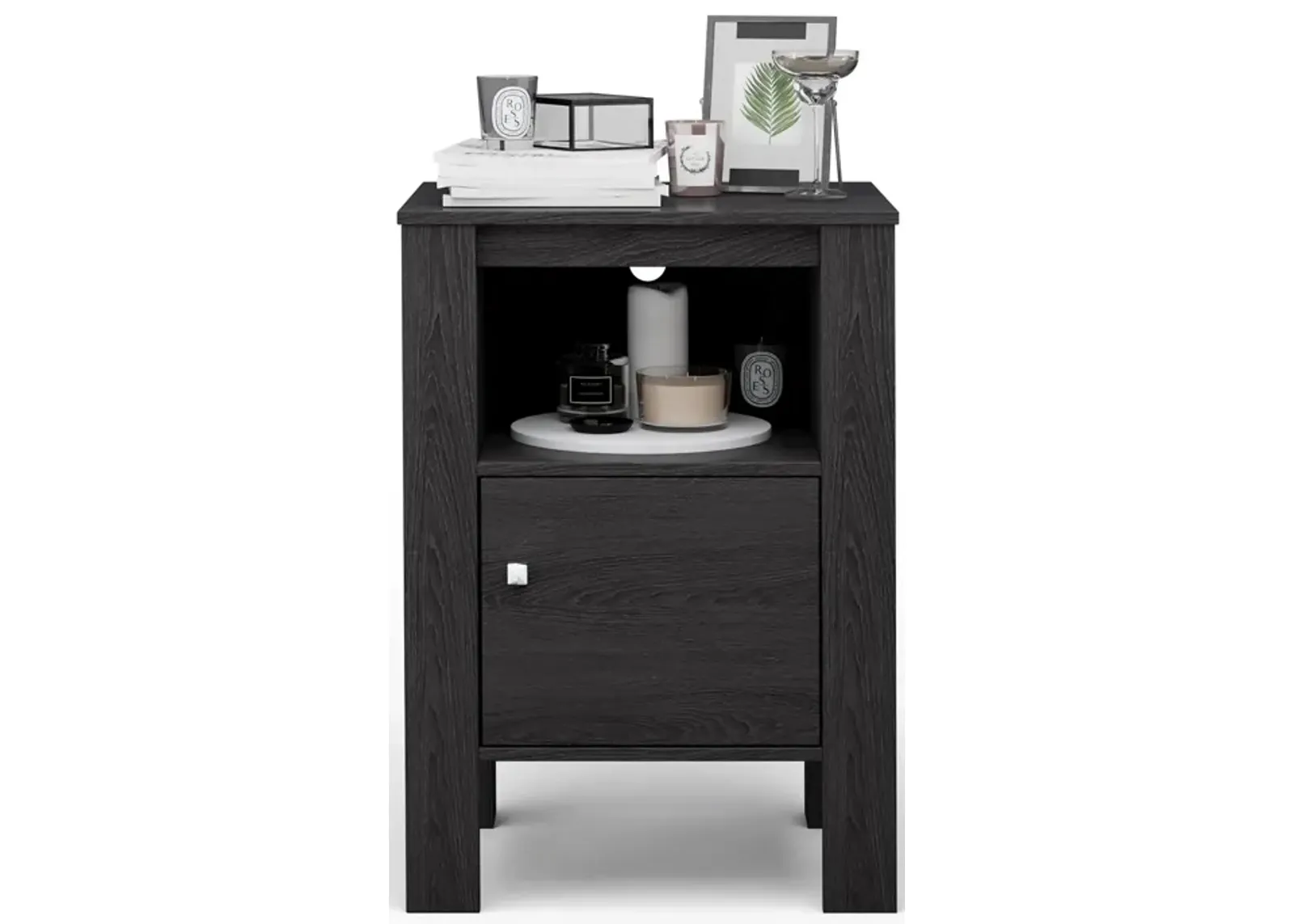 Compact Floor Farmhouse Nightstand with Open Shelf and Cabinet-Dark Gray