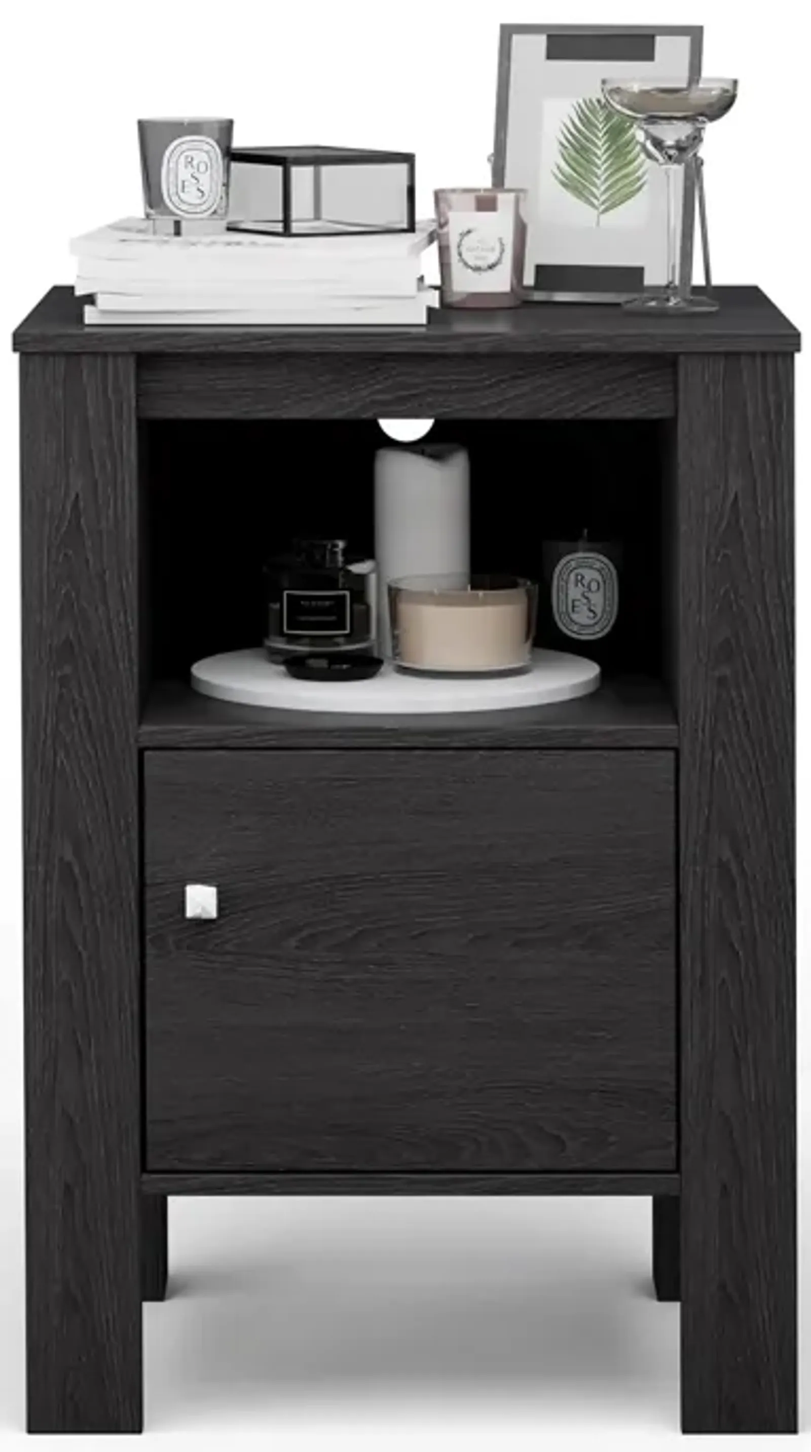 Compact Floor Farmhouse Nightstand with Open Shelf and Cabinet-Dark Gray