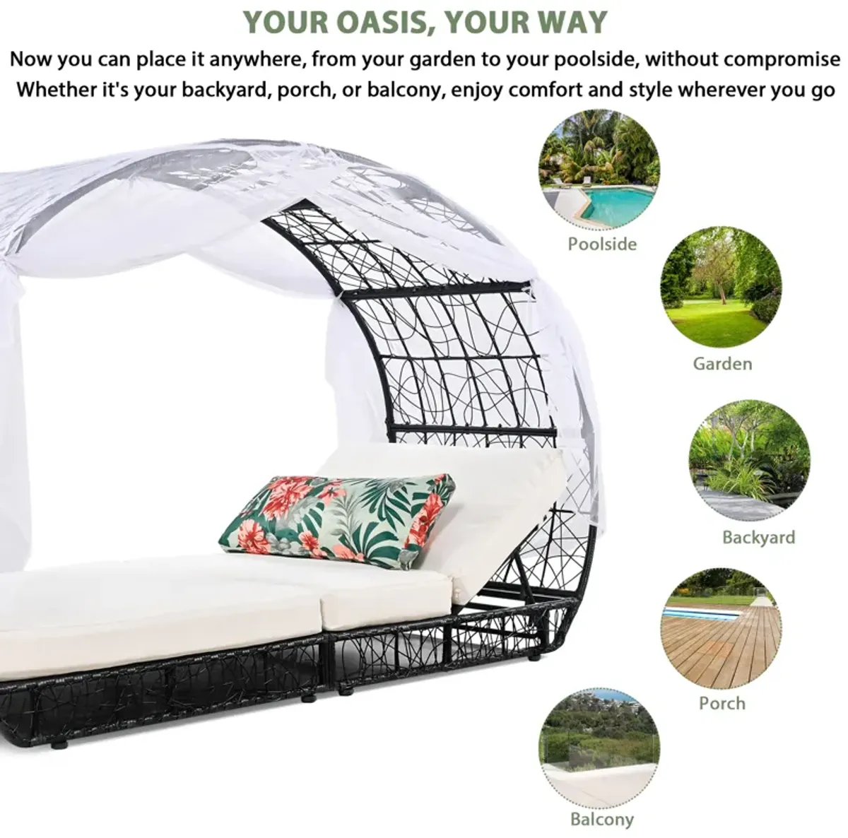 Merax Outdoor Patio Wicker Daybed with Curtain