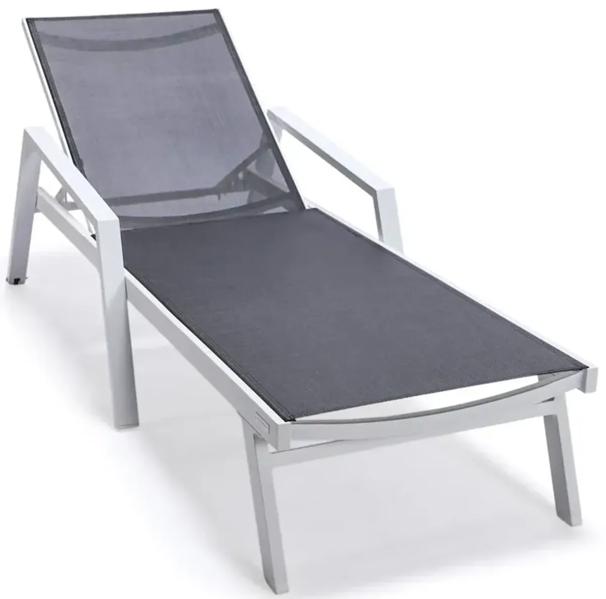 LeisureMod Marlin Patio Chaise Lounge Chair With Armrests in White Aluminum Frame