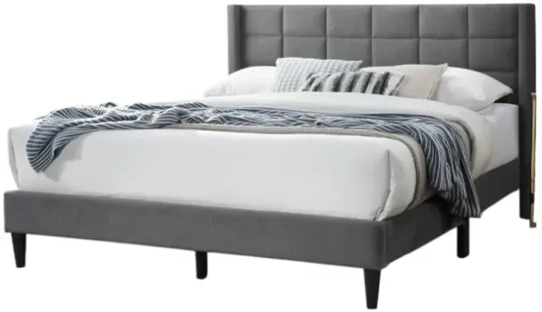 Meno Queen Size Bed, Square Stitched Slate Gray Linen Upholstery - Benzara