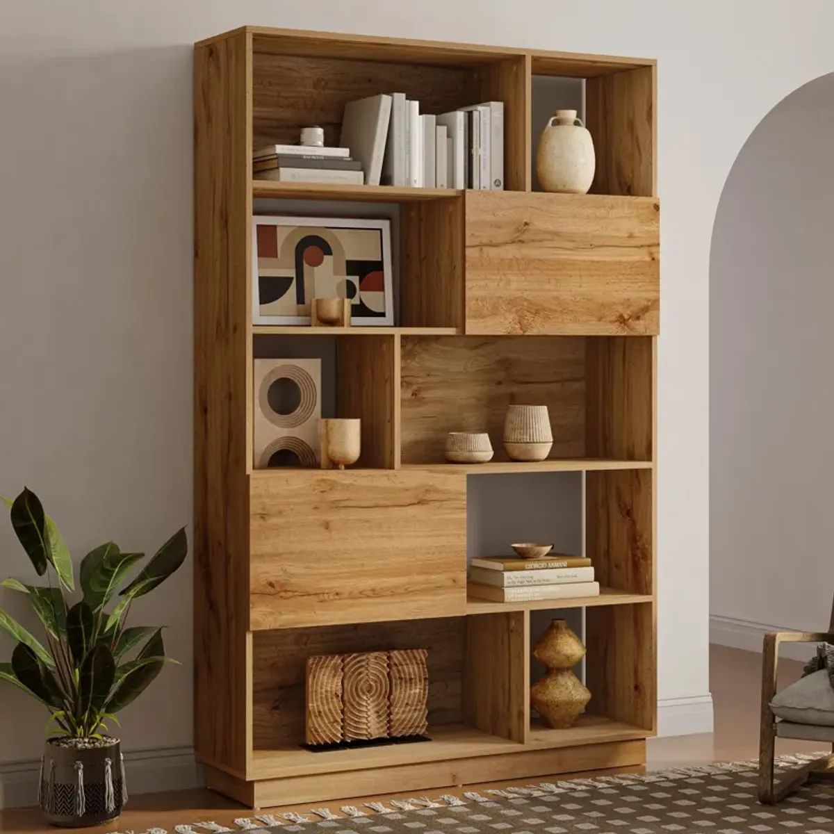 LuxenHome 8-Shelf and 2-Cabinet Tall Bookcase with Doors