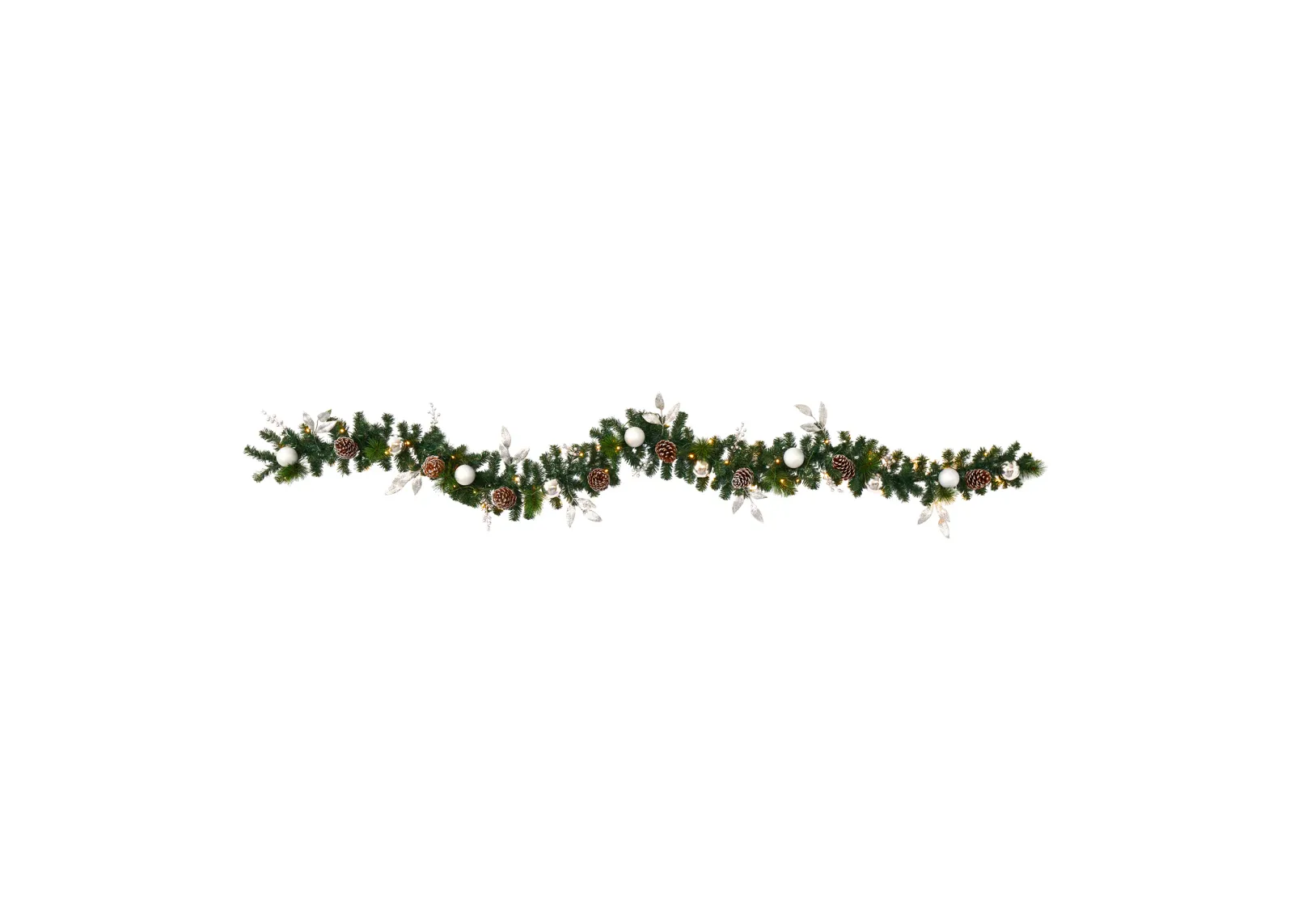 HomPlanti 9" Ornament and Pinecone Artificial Christmas Garland with 50 Clear LED Lights