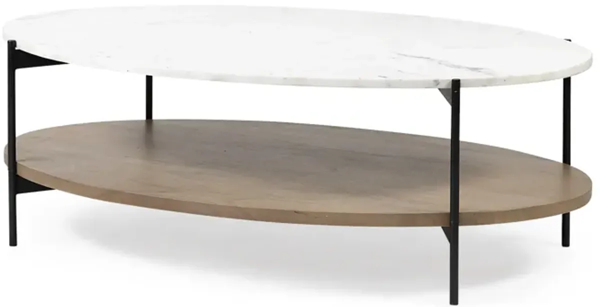 Oval White Marble Top And Black Metal Base Coffee Table W Wood Shelf