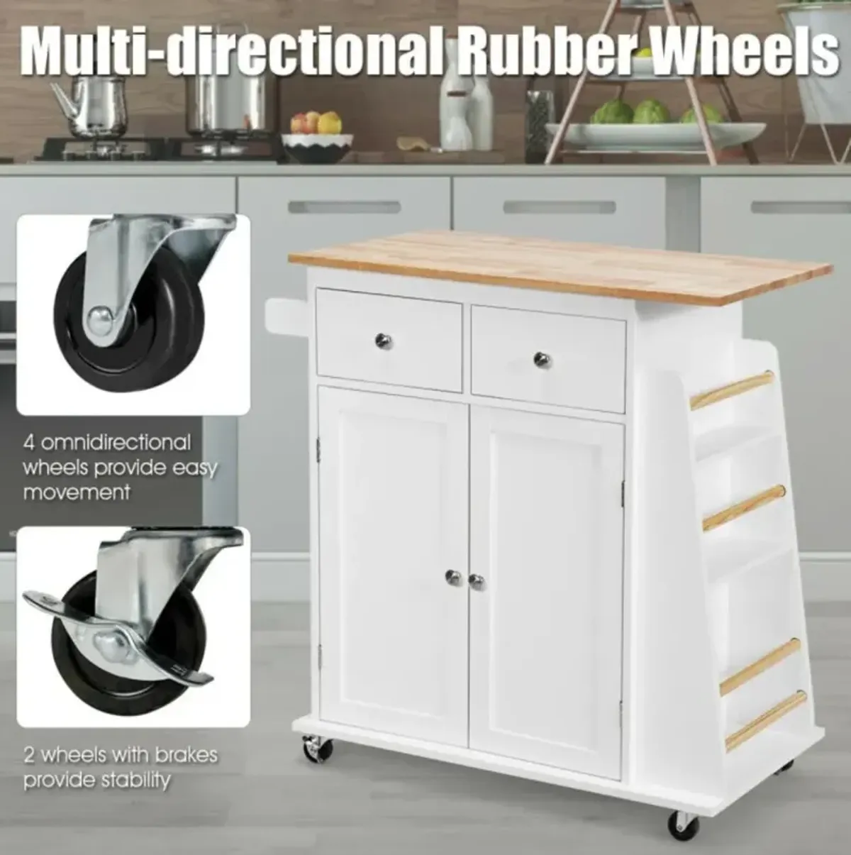 Hivvago Rubber Wood Countertop Rolling Kitchen Island Cart