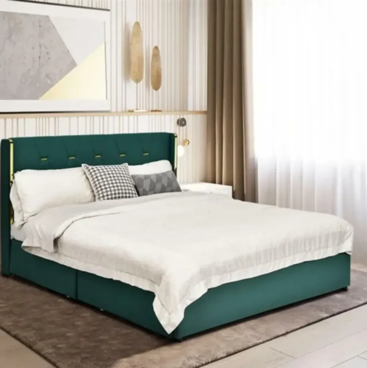 Hivvago Full Size Green/Gold Linen Headboard 4 Drawer Storage Platform Bed