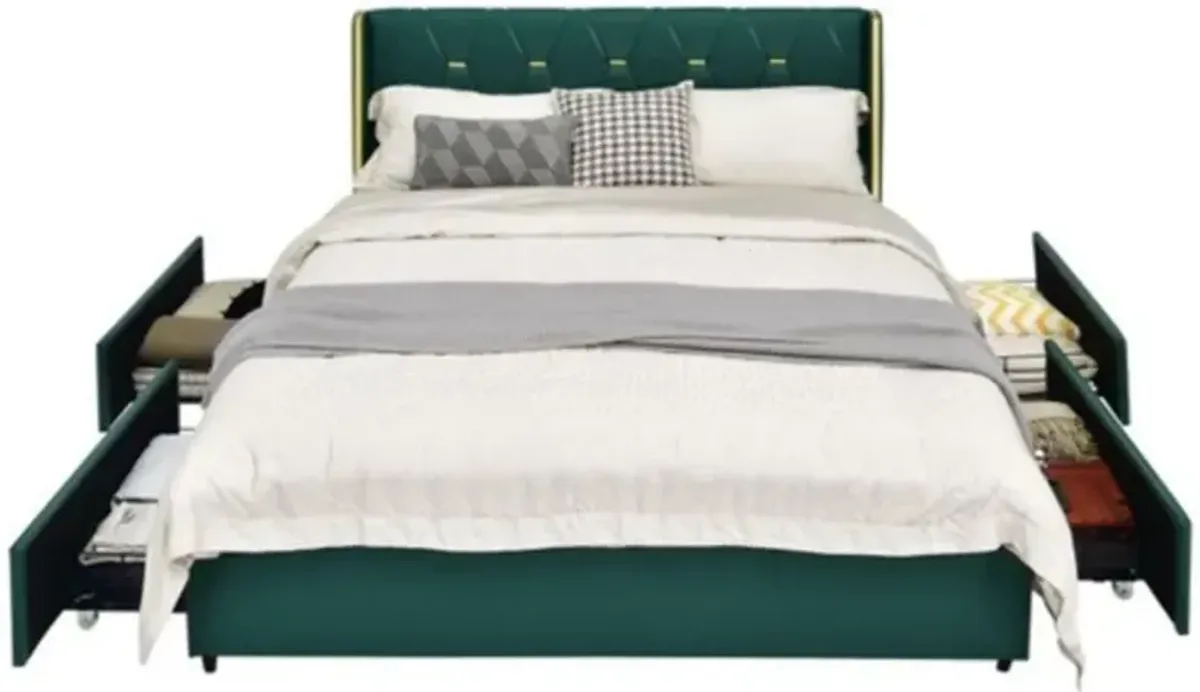 Hivvago Full Size Green/Gold Linen Headboard 4 Drawer Storage Platform Bed