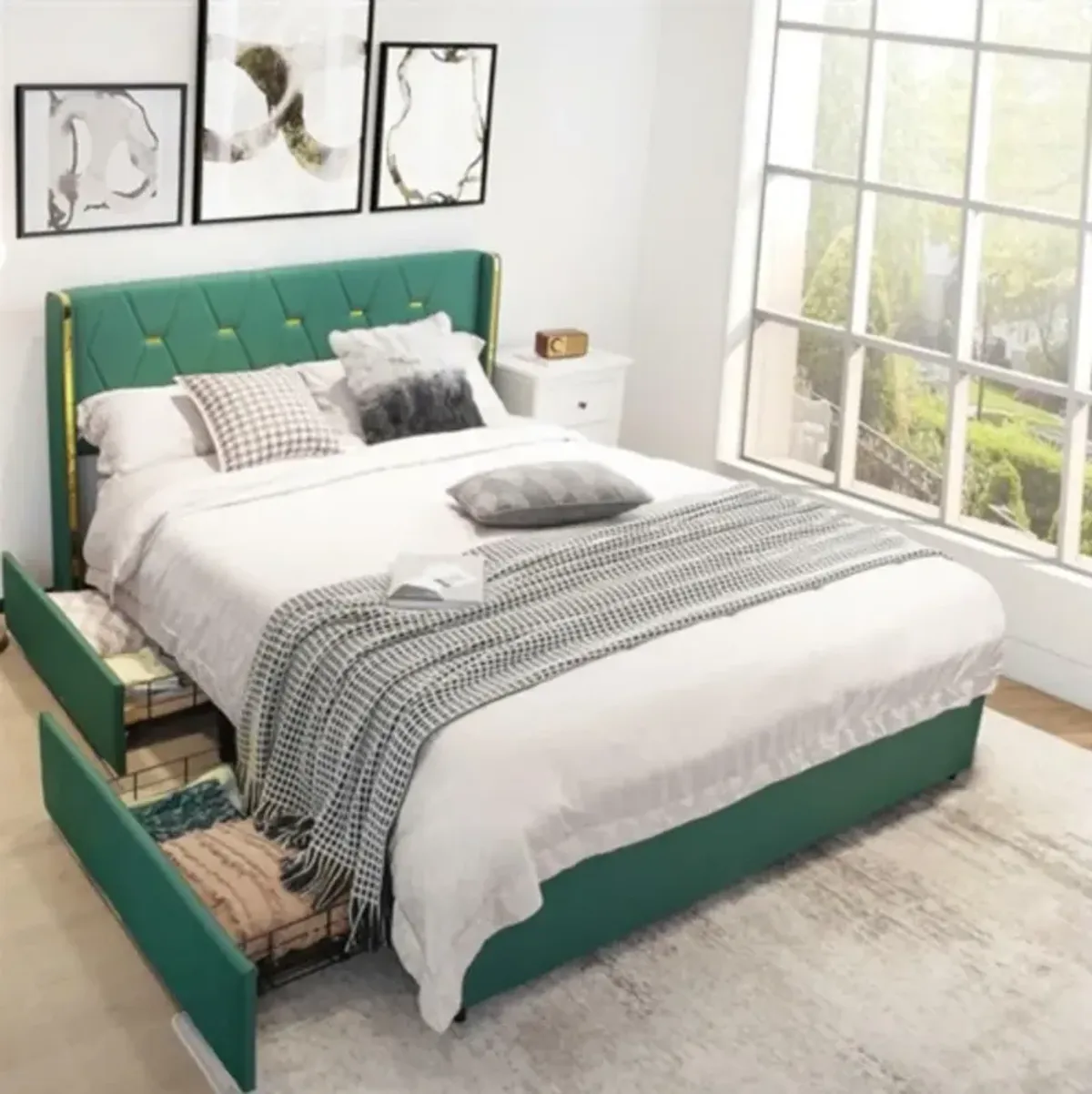 Hivvago Full Size Green/Gold Linen Headboard 4 Drawer Storage Platform Bed