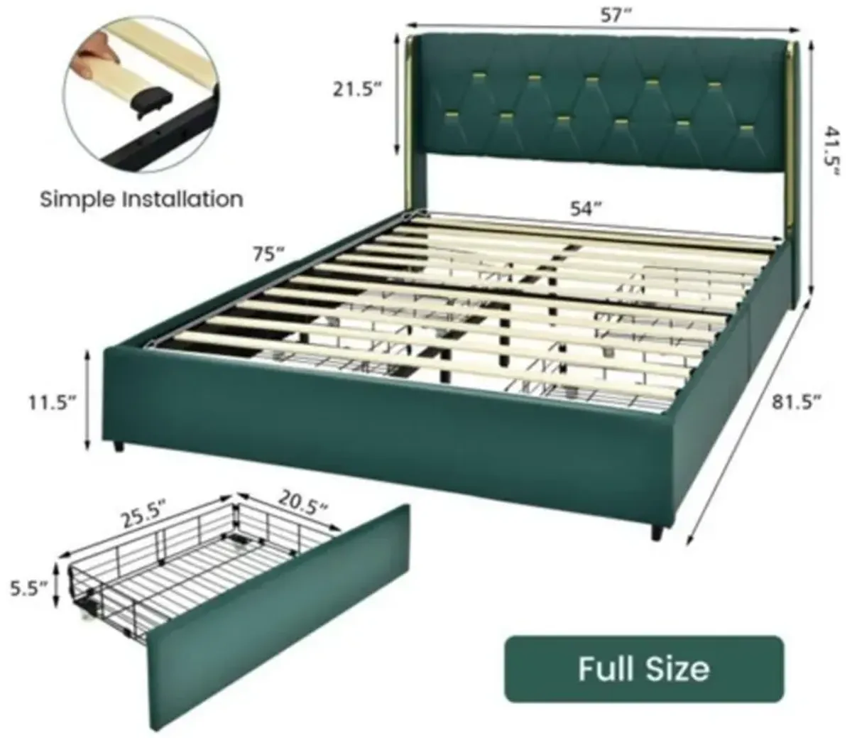 Hivvago Full Size Green/Gold Linen Headboard 4 Drawer Storage Platform Bed