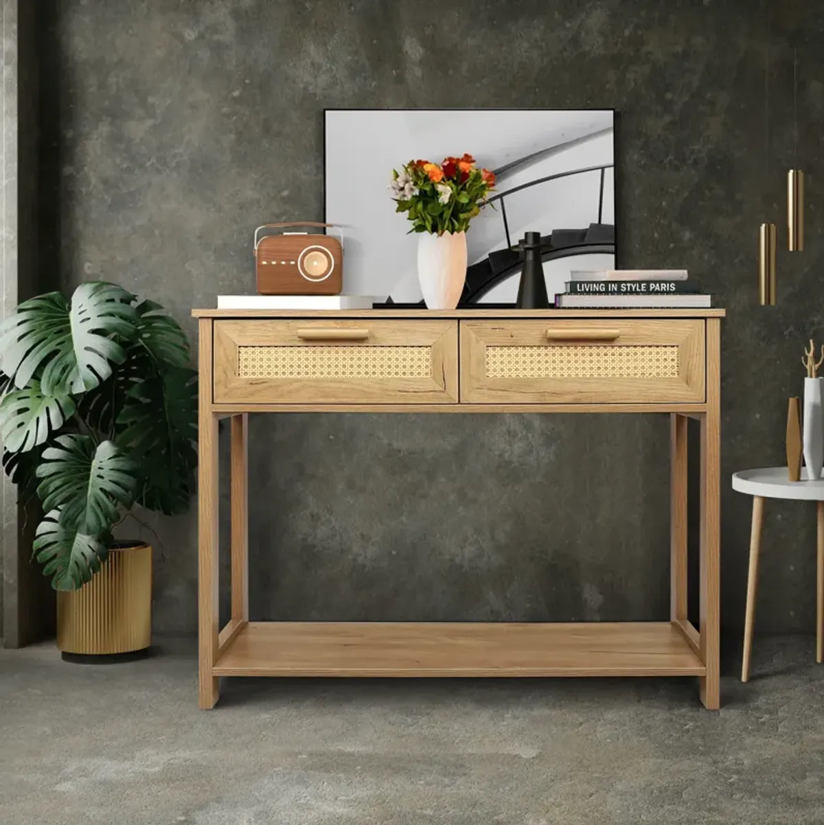 Console Table With 2 Drawers, Sofa Table, Entryway Table With Open Storage Shelf, Narrow