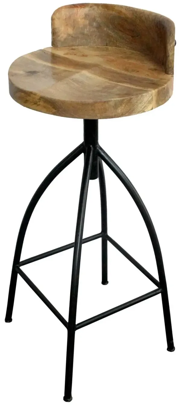 Pia 32-35 Extra Tall Adjustable Barstool, Natural Brown Mango Wood Seat, Black Iron Frame