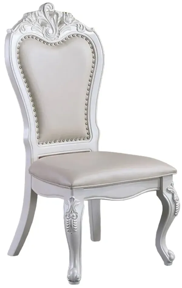 Zenie Dining Side Chair Set of 2, Carved Cabriole, Faux Leather, White Wood - Benzara
