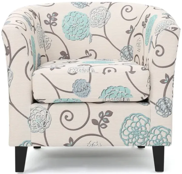Accent Club Chair, Round Arms, Cream Blue Fabric Floral Details, Birch Wood