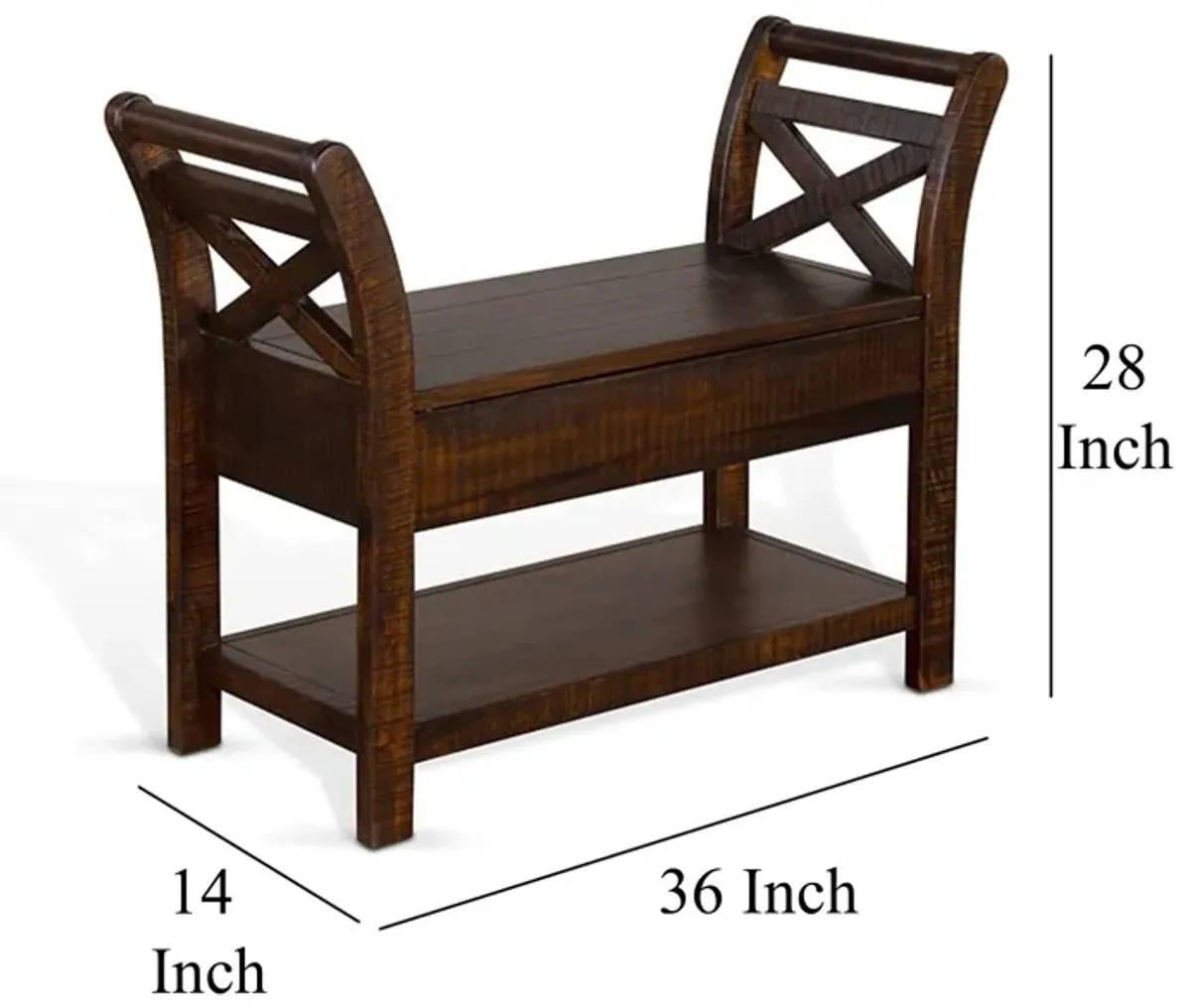 Flint 36 Inch Accent Bench with X-Panel, Storage, Dark Brown Mahogany - Benzara